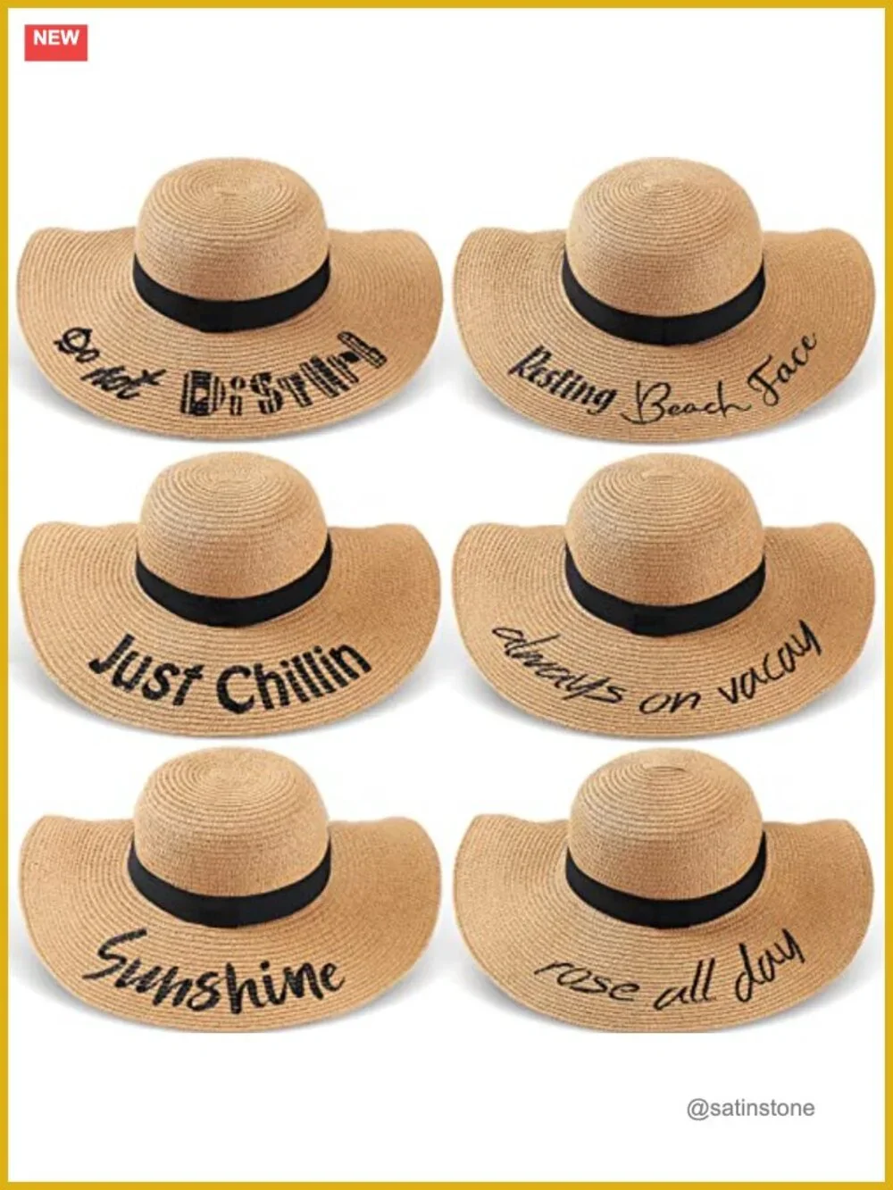6 Pack Straw Sun Hats: Embroidered, Foldable, Large Brim, Adjustable, for Beach